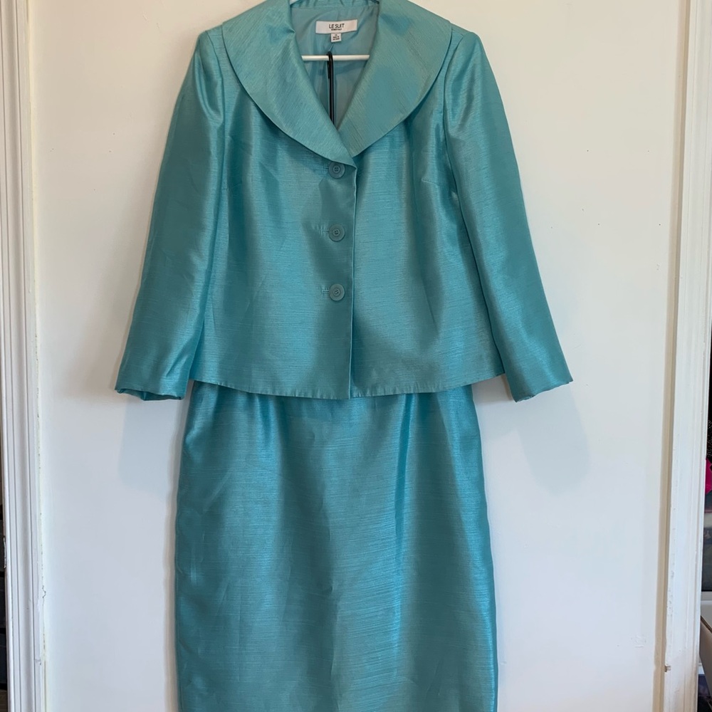 Vintage Mad Men Blue Satin Slub Jacket Skirt Set